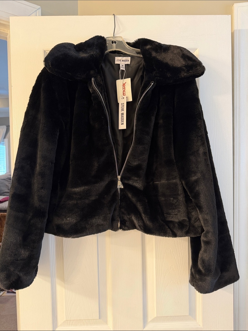Steve Madden Black Plush Faux-Fur Zip-Up Jacket